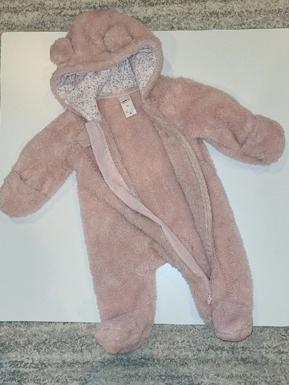 Carter's Plush Pink Bear Hooded Footie One-Piece Pram 3 Months